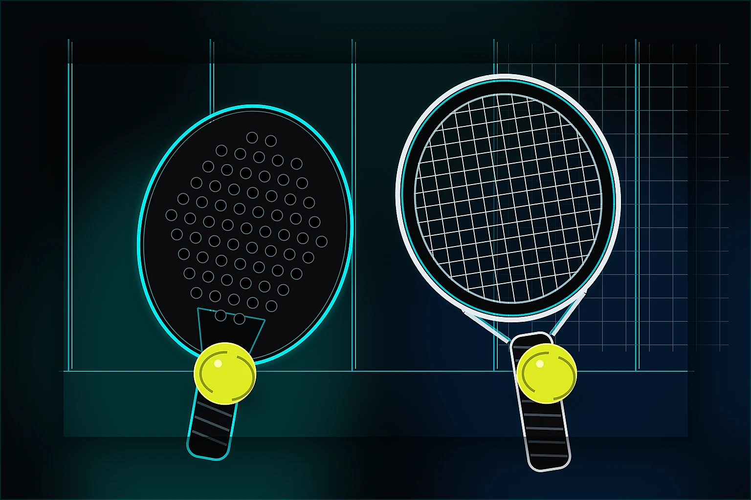 Padel-Schläger und Tennisschläger mit Bällen vor Glaswand und Gitter